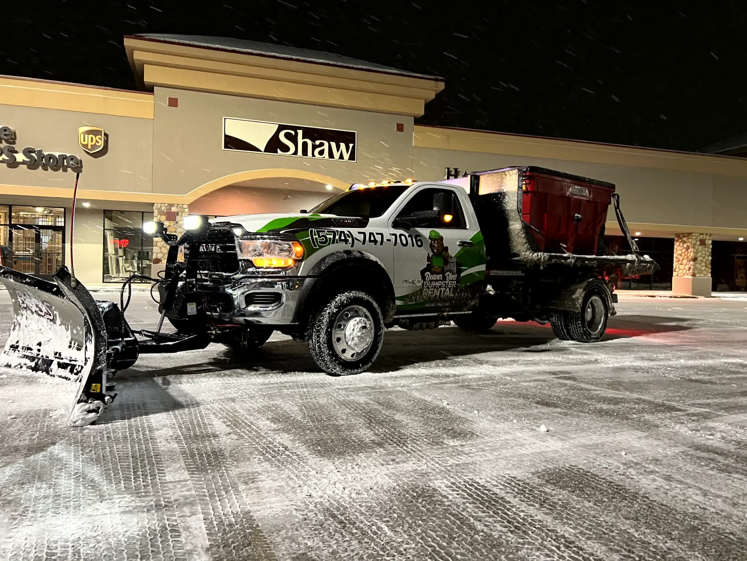 beaver bins dumpster rental elkhart What Items Are Allowed for Dumpster Rentals Common Types of Dumpster Rental Prohibited Items scaled - Beaver Bins A beaver bins snow plow truck carrying a dumpster.